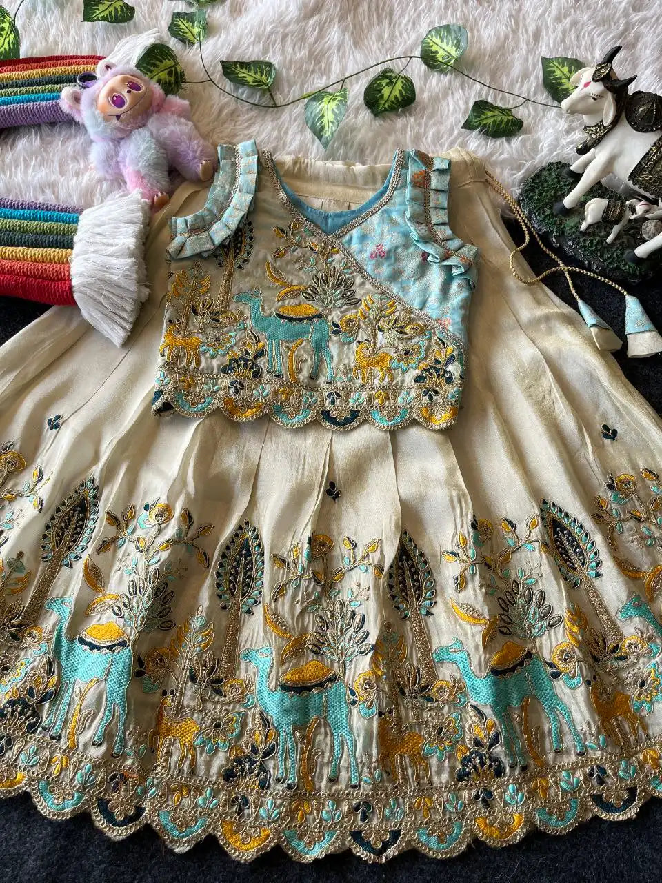Kids Nature Designer Lehenga Set - Sky & Cream