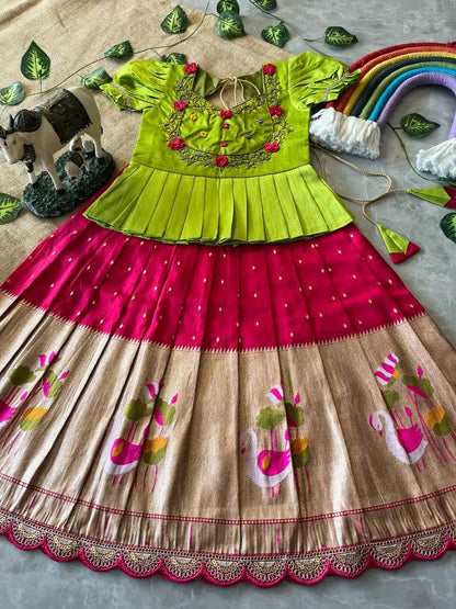 Flamingo Paithani Traditional Kids Lehenga - Pink