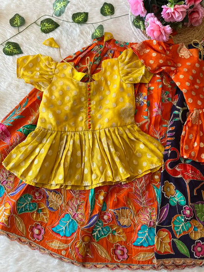 Kids Dola Silk Position Embroidered Lehenga Set - Yellow