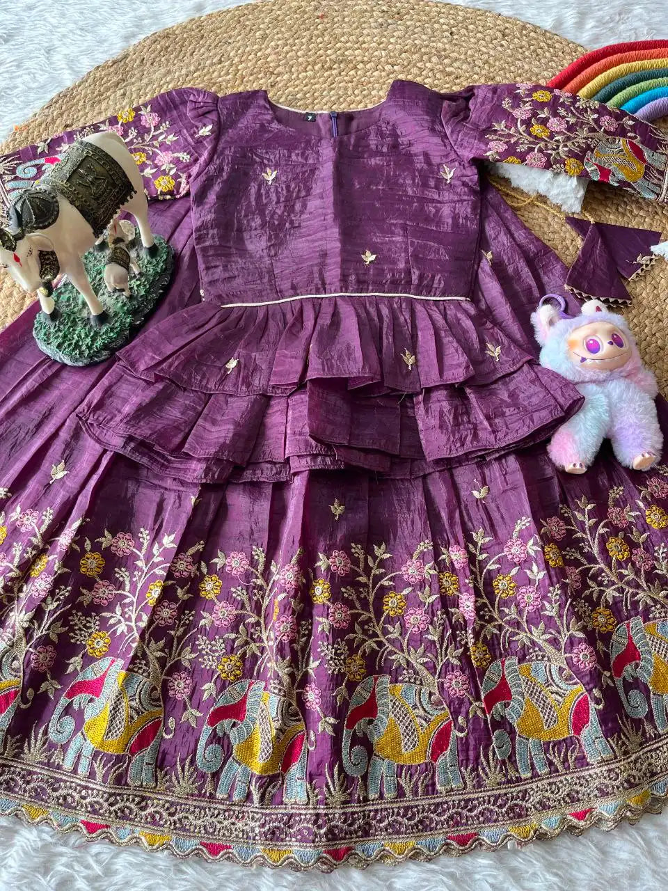 Kids Crush Fabric Elephant Embroidery Lehenga Set - Purple