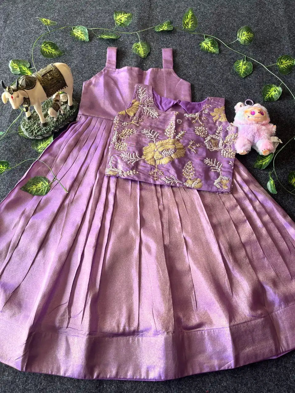 Kids Tissue Gown with Handwork Coat - Lilac