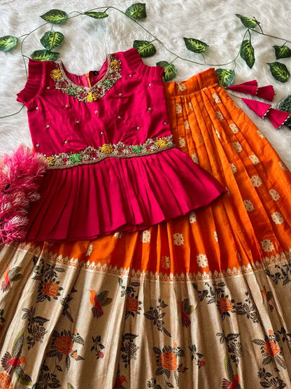 Soft Khadi Georgette Bird Weaving Lehenga - Orange