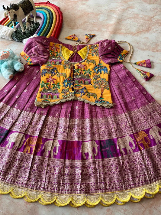 Kids Elephant 3D Weaving Lehenga - Rani Pink