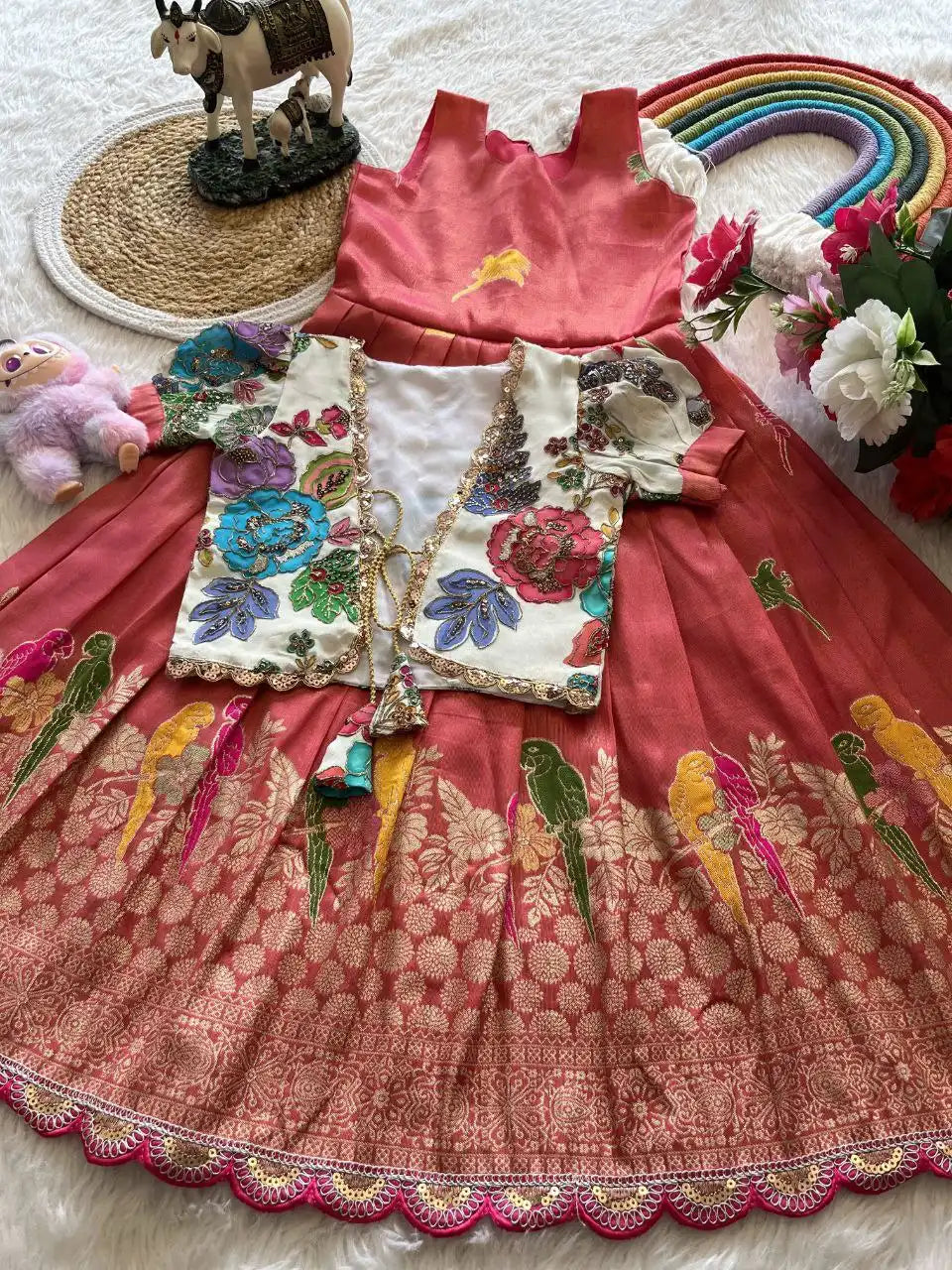 Parrot Design Floral Kids Gown with Coat - Red