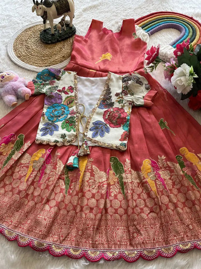 Parrot Design Floral Kids Gown with Coat - Red