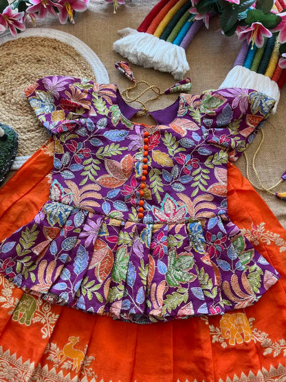 Kids Khadi Silk Animal Theme Weaving Lehenga - Orange