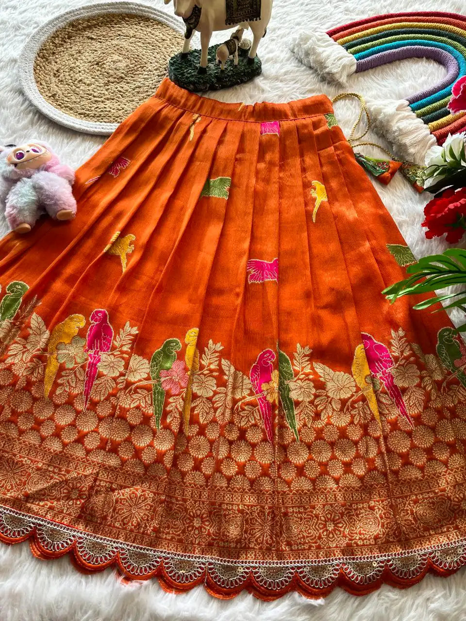 Kids Crepe Position Printed Lehenga - Orange
