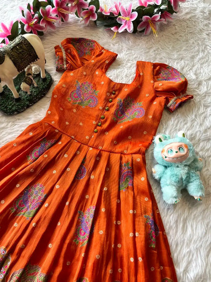 Kids Tissue Silk Paithani Weaving  Gown - Orange