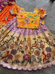Dola Silk Parrot Meena Weaving Kids Lehenga - Lavender