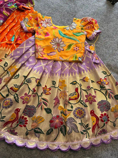 Dola Silk Parrot Meena Weaving Kids Lehenga - Lavender