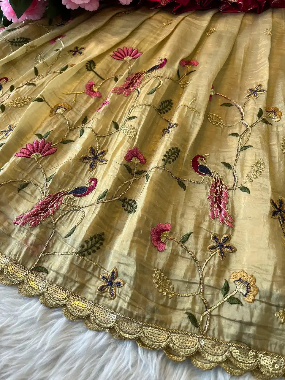 Kids Nylon Silk Embroidery Lehenga - Cream