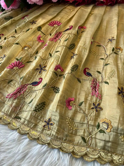 Kids Nylon Silk Embroidery Lehenga - Cream