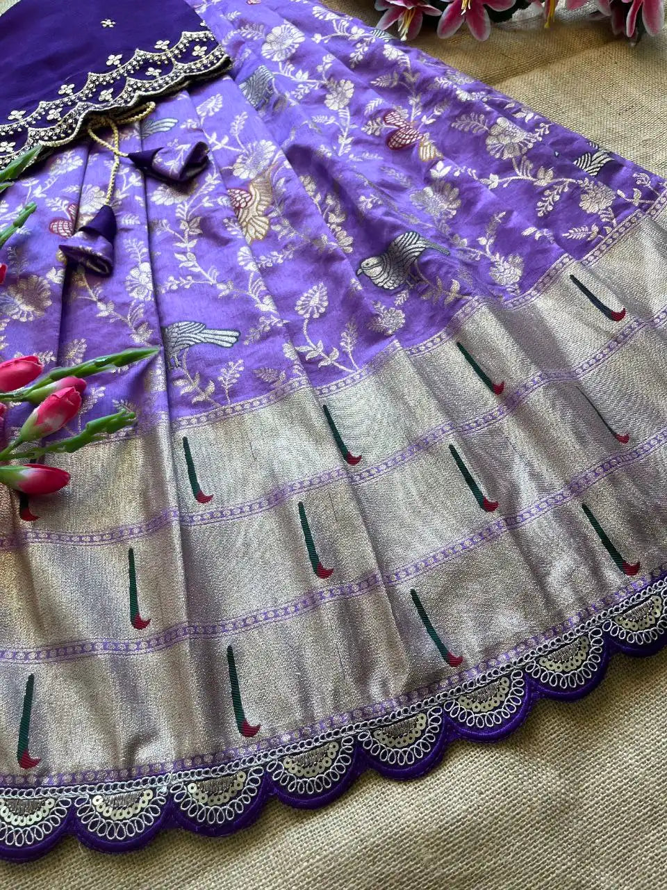 Kids Banarasi Dola Silk Paithani Lehenga - Lilac