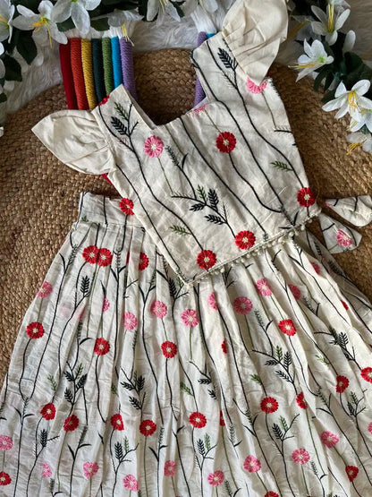 Floral Embroidered Cotton Kids Lehehnga Set