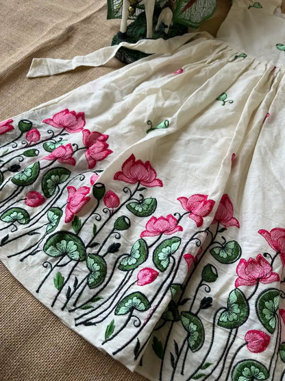 Kids Kora Cotton Lotus Embroidery Work Gown