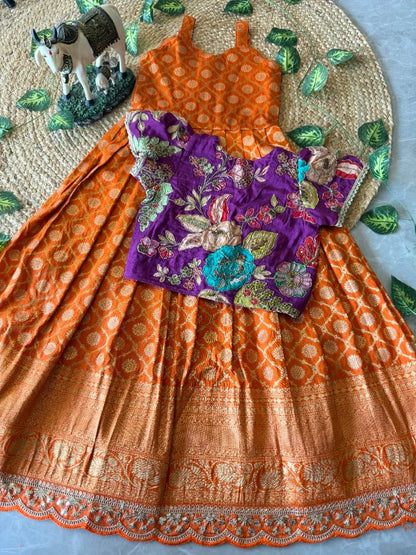 Kids Royal Zari Twirl Gown Set - Orange