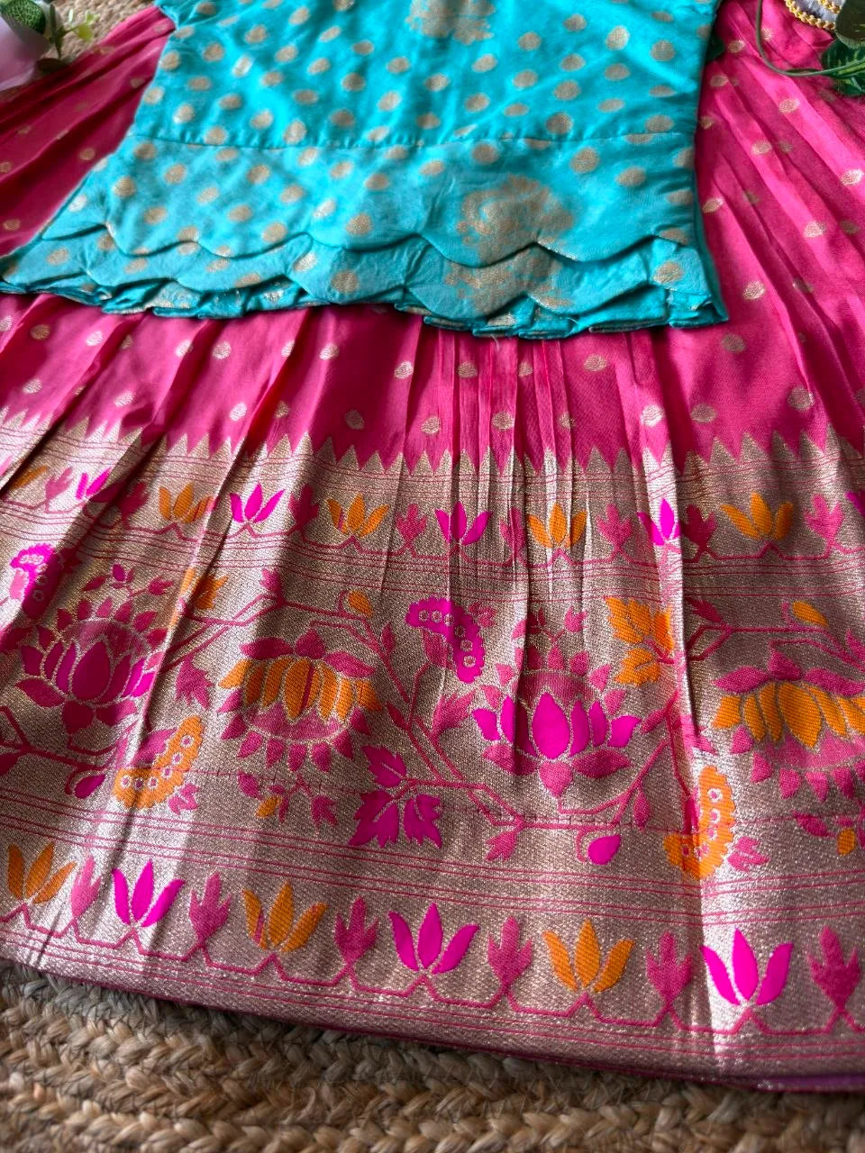 Kids Kalamkari Lehenga - Sky & Pink