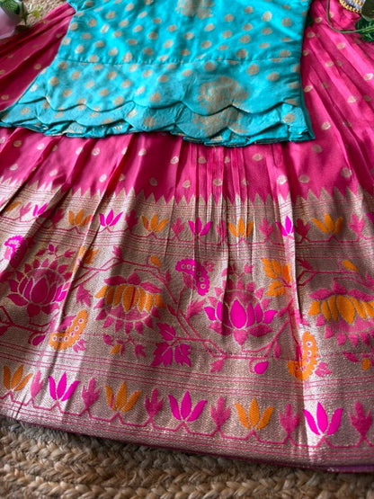 Kids Kalamkari Lehenga - Sky & Pink