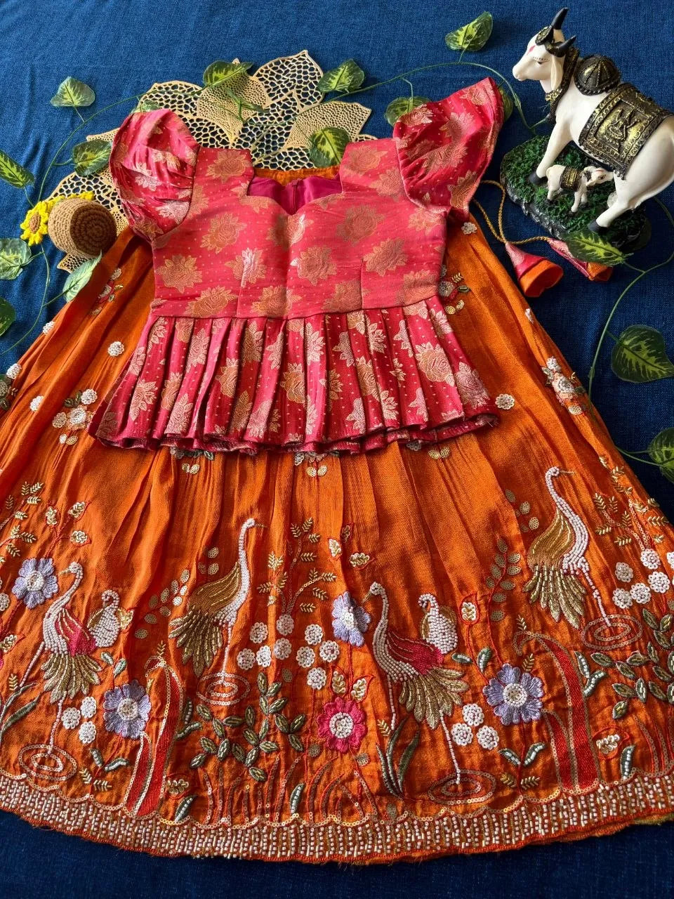 Flamingo Bead & Moti Work Kids Lehenga - Pink & Orange