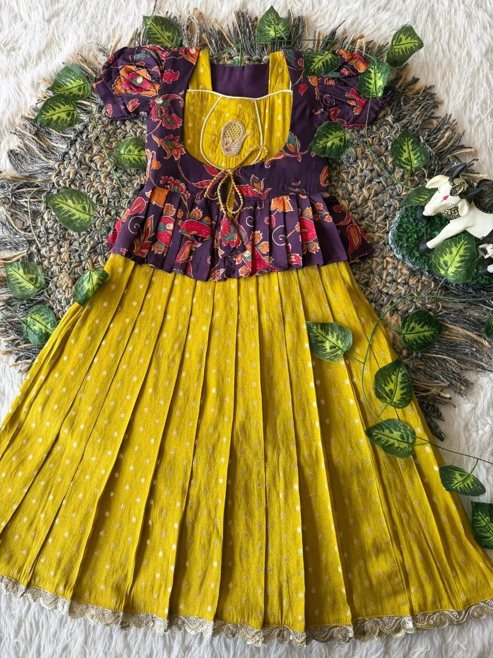 Kids Tissue Gown Kalamkari Mirror Work Coat - Yellow