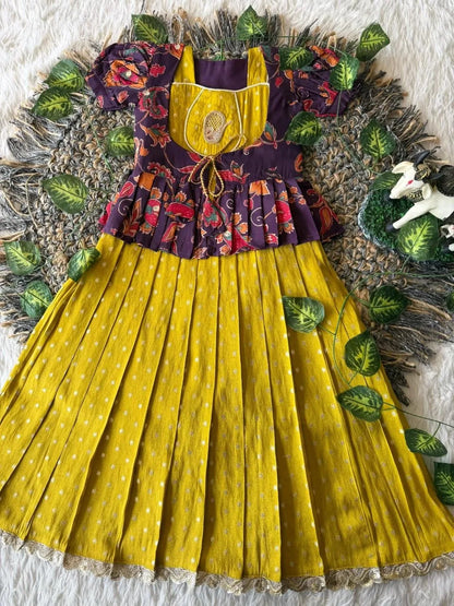 Kids Tissue Gown Kalamkari Mirror Work Coat - Yellow