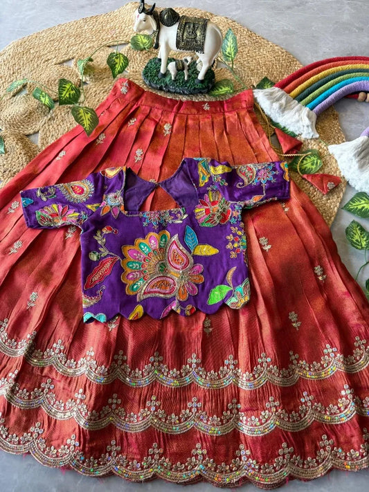 Kids Rainbow Work Designer Lehenga - Blue & Red