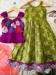 Kids Floral Gown with Maggam Work Coat - Parrot