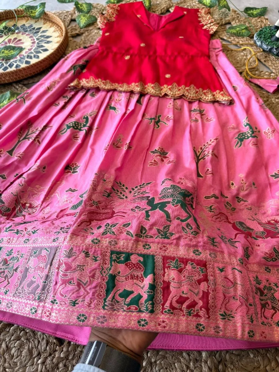 Kids Jungle Theme Position Jacquard Lehenga - Red-Pink