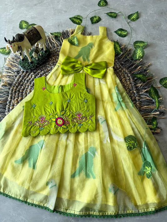Little Princess Bird Motif Festive Gown - Yellow