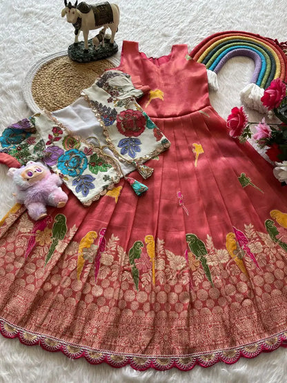 Parrot Design Floral Kids Gown with Coat - Red
