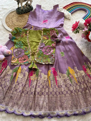 Parrot Design Floral Kids Gown with Coat - Lilac
