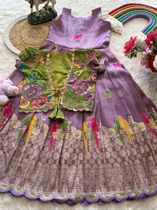 Parrot Design Floral Kids Gown with Coat - Lilac