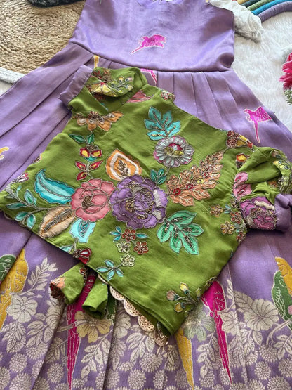Parrot Design Floral Kids Gown with Coat - Lilac