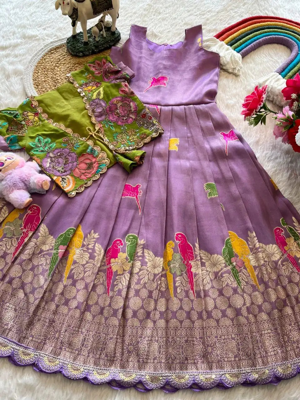 Parrot Design Floral Kids Gown with Coat - Lilac