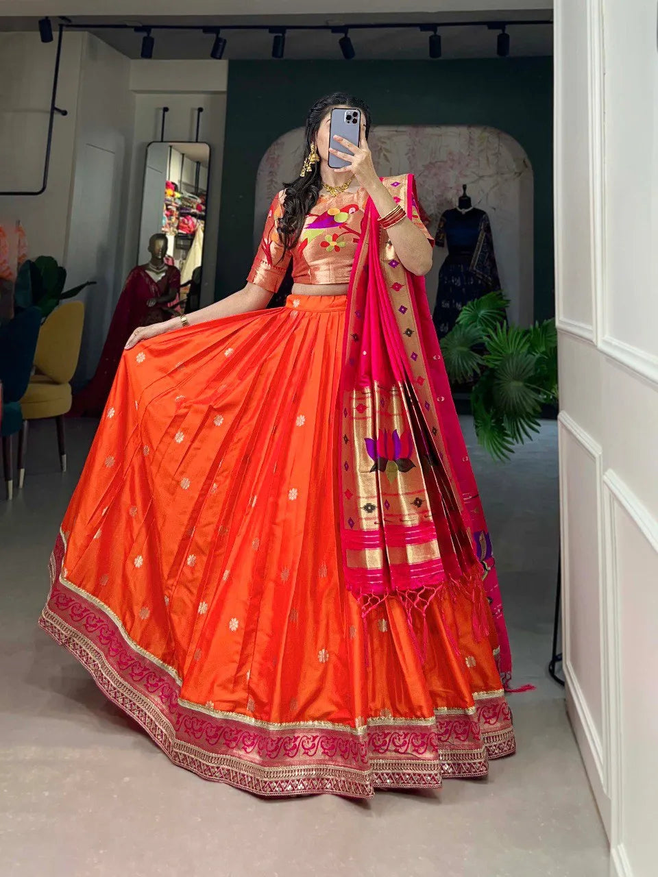 Royal Paithani Lehenga Choli with Dupatta & Batwa - Orange