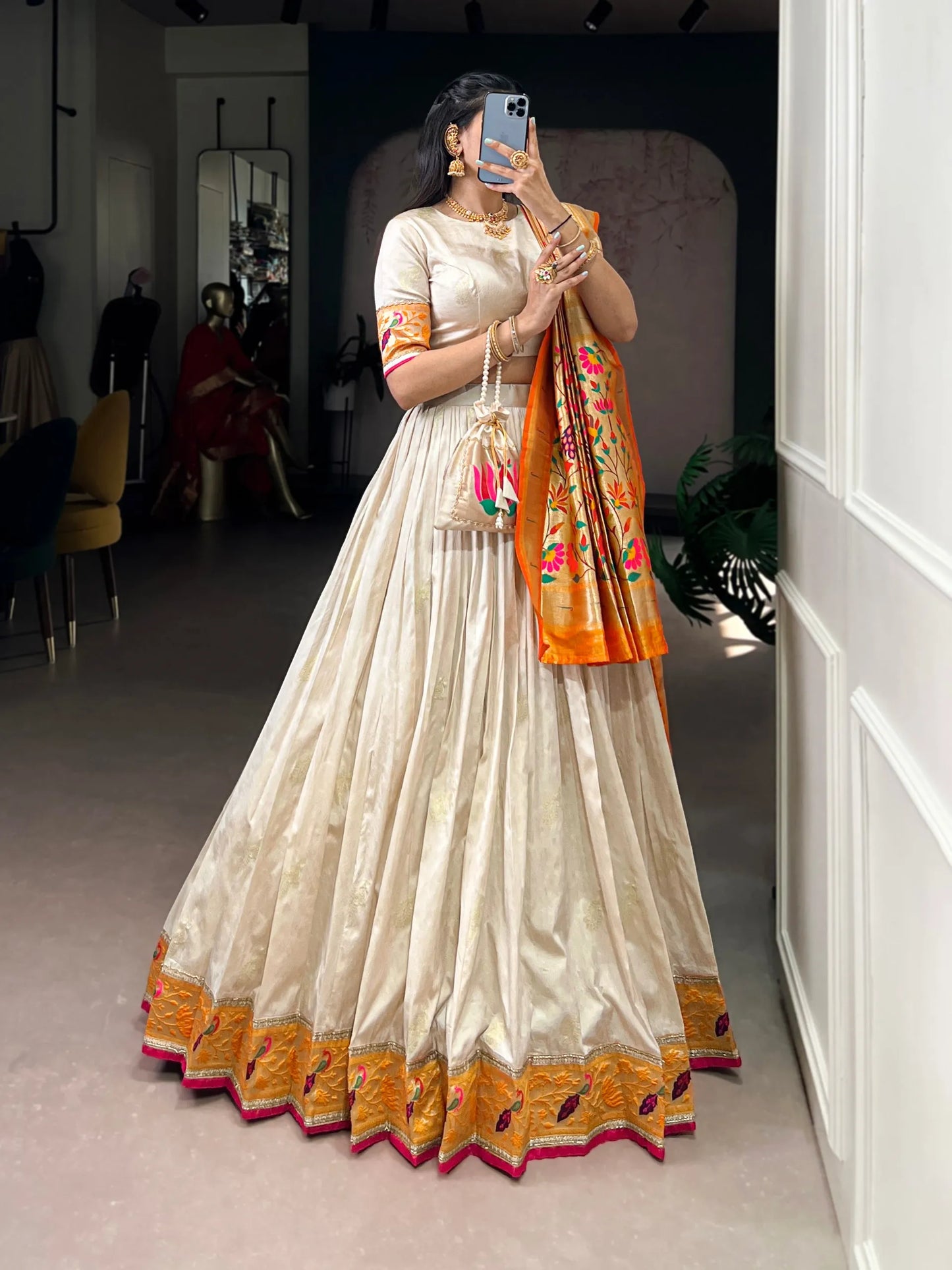 Traditional Maharashtrian Paithani Lehenga Choli for Wedding - Orange