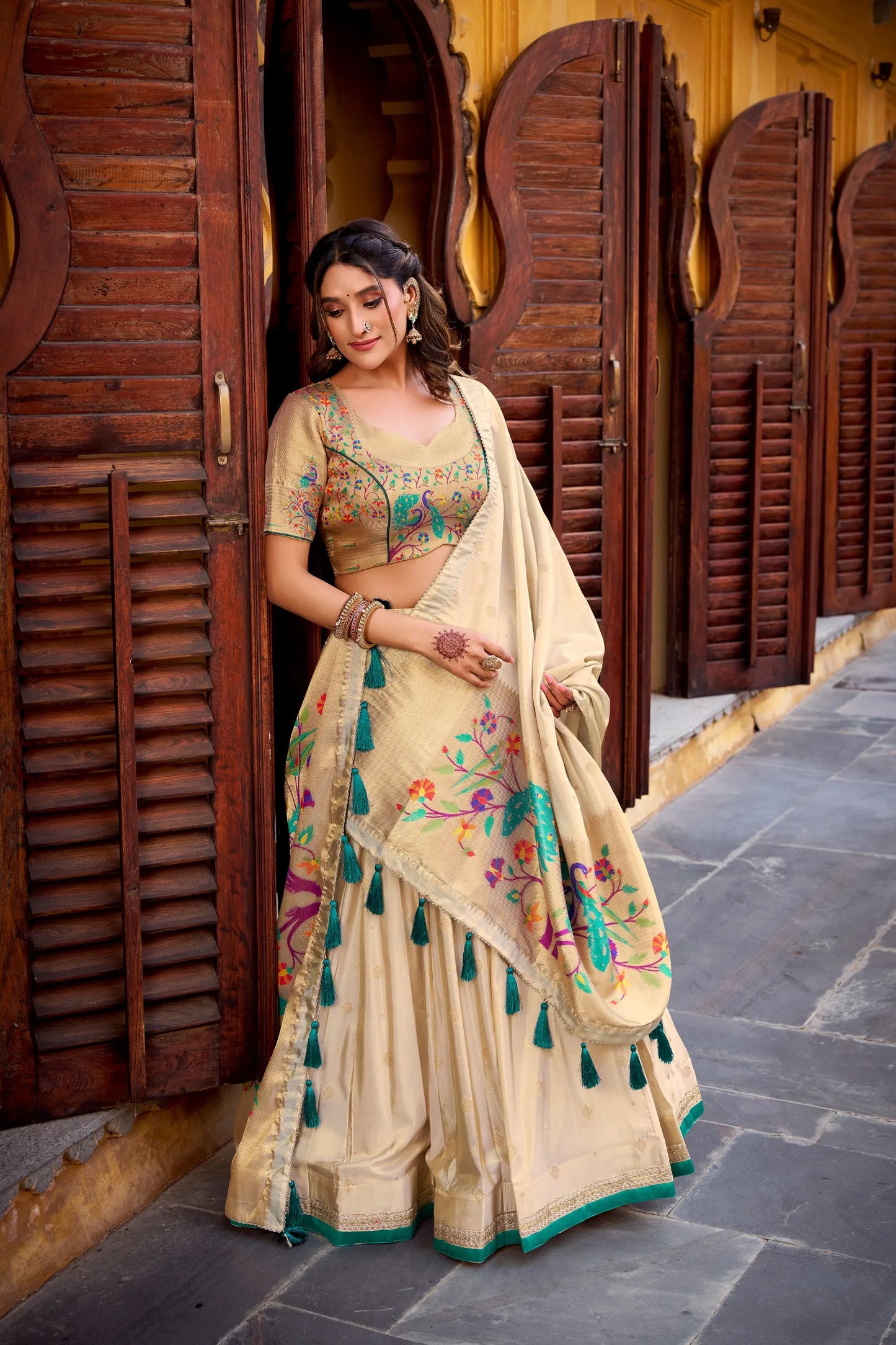 South Indian Marathi Style Paithani Lehenga Choli - Bottle Green