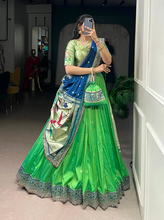 Soft Silk Paithani Embroidery Thread Work Lehenga Choli - Parrot