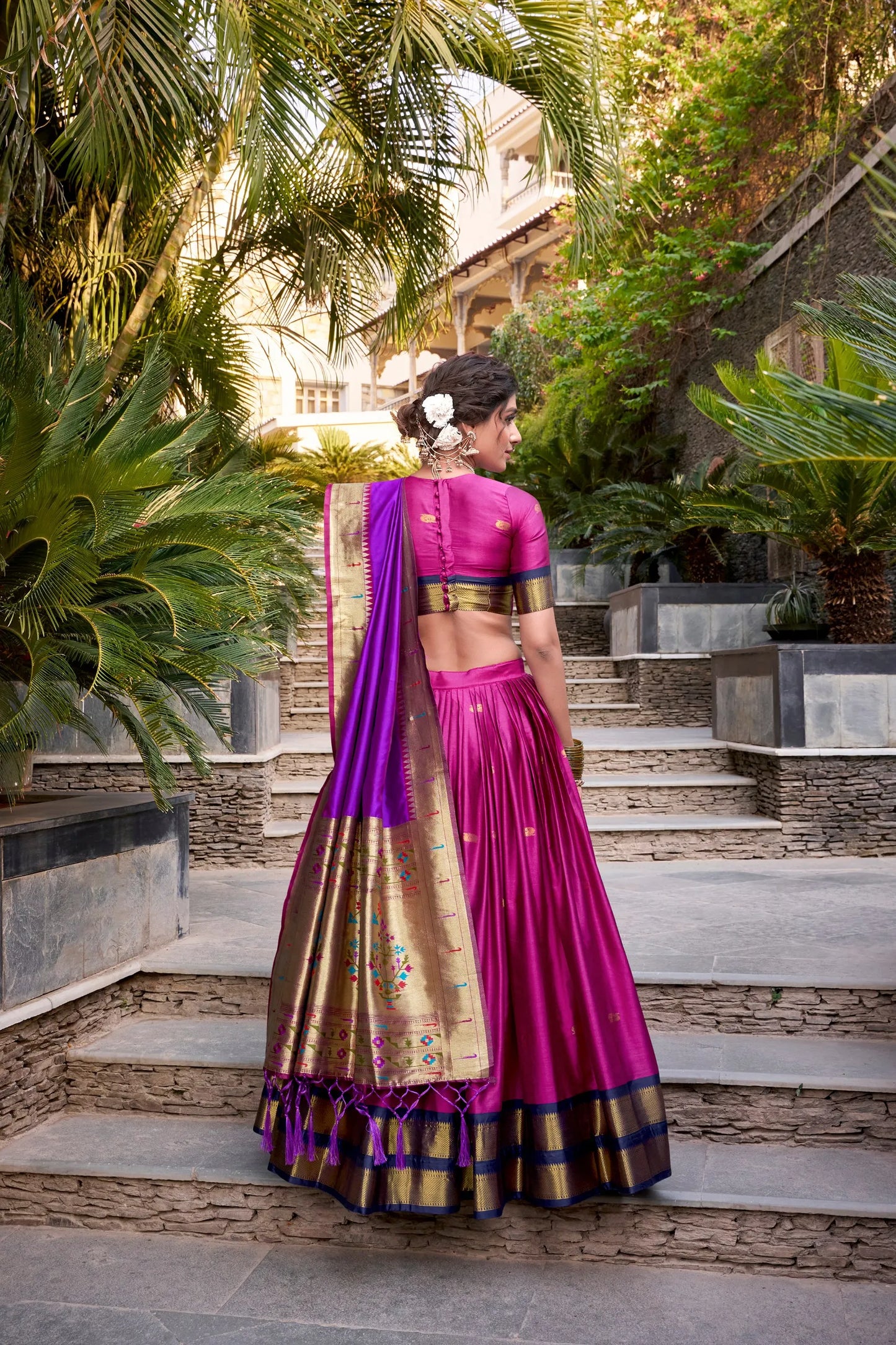 Royal Zari Jacquard Weaves Paithani Lehenga Choli - Pink