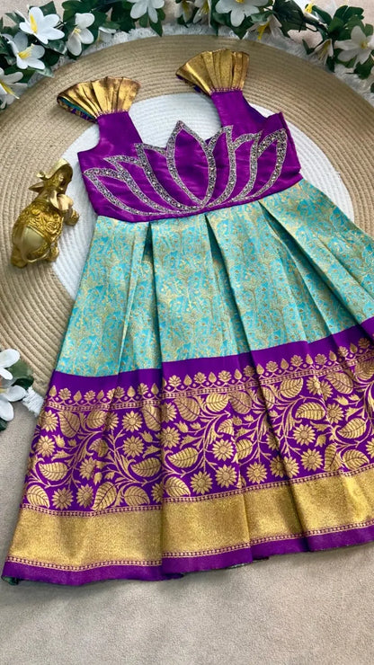Jaquard Silk Lotus Maggam Work Gown/Frock - Purple & Sky
