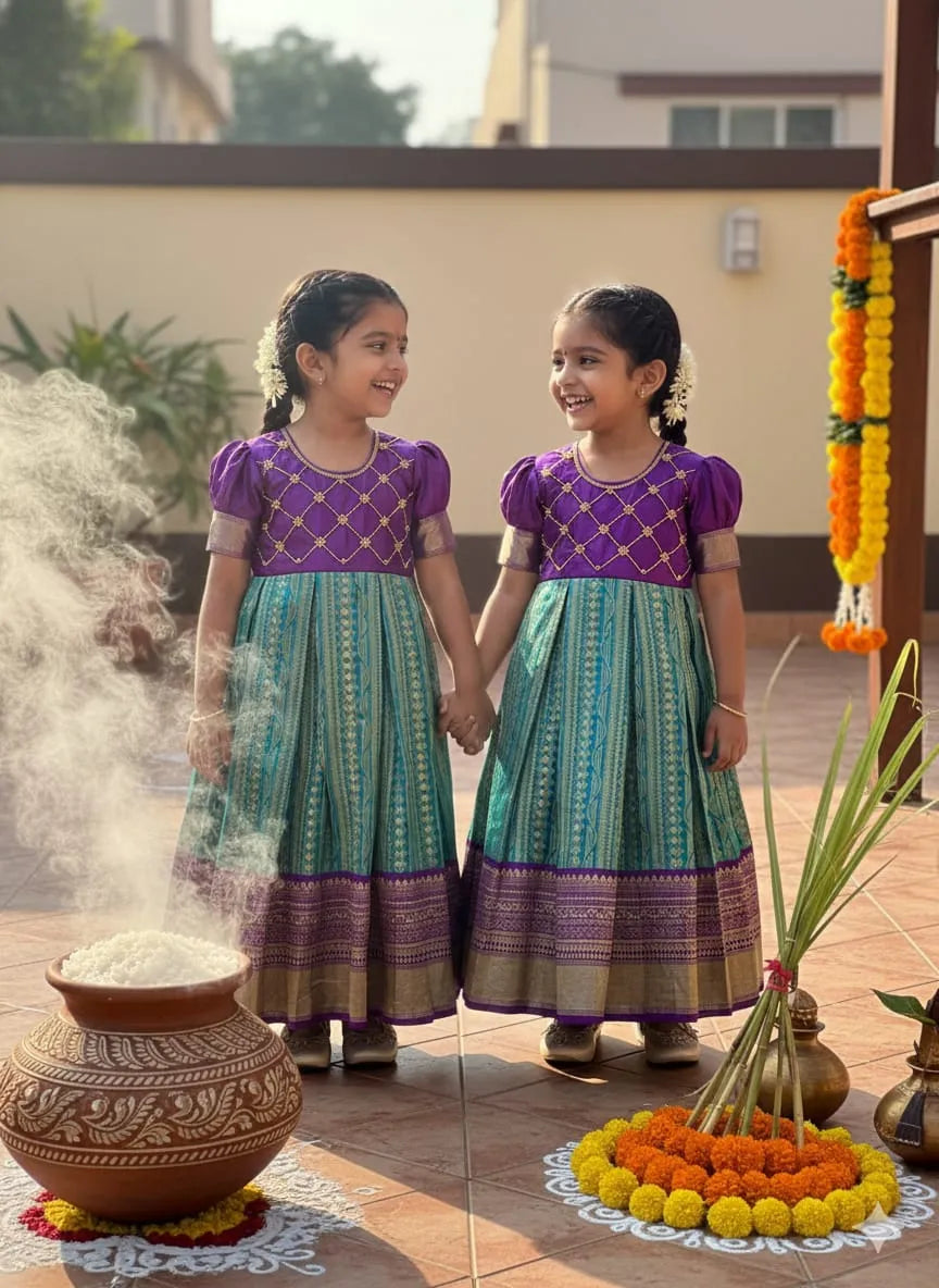 Dyed Silk Maggam Work Kids Gown