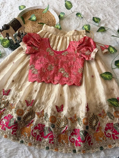 Kids Elephant Bloom Garden Lehenga Choli Set - Cream