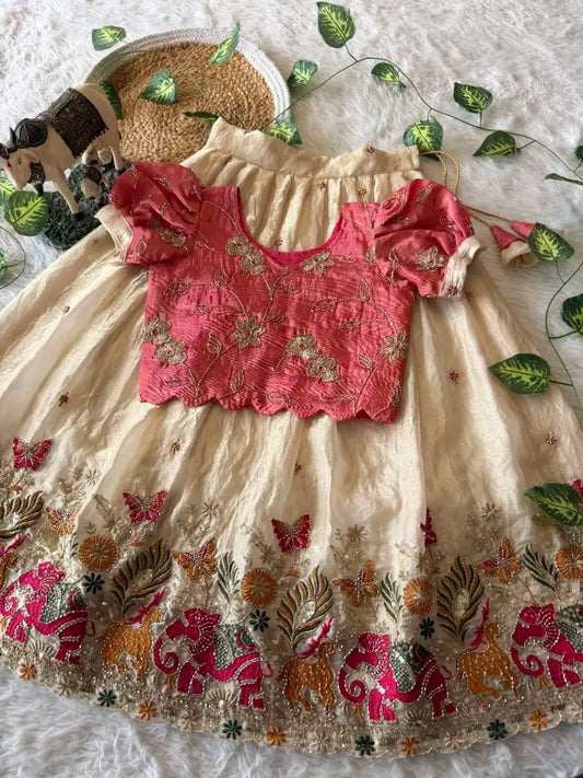 Kids Elephant Bloom Garden Lehenga Choli Set - Cream