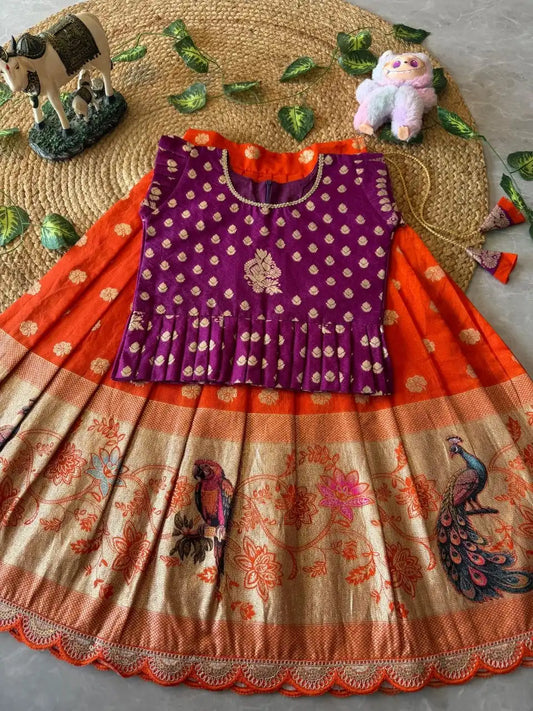 Peacock Grace Kids Lehenga Set - Purple & Orange