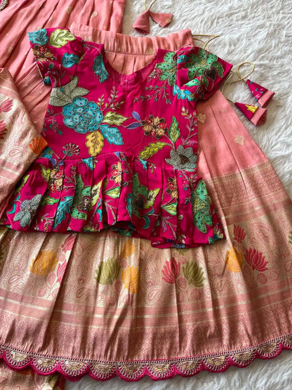 Soft Tissue Silk Embroidered Kids Lehenga Choli - Pink & Peach