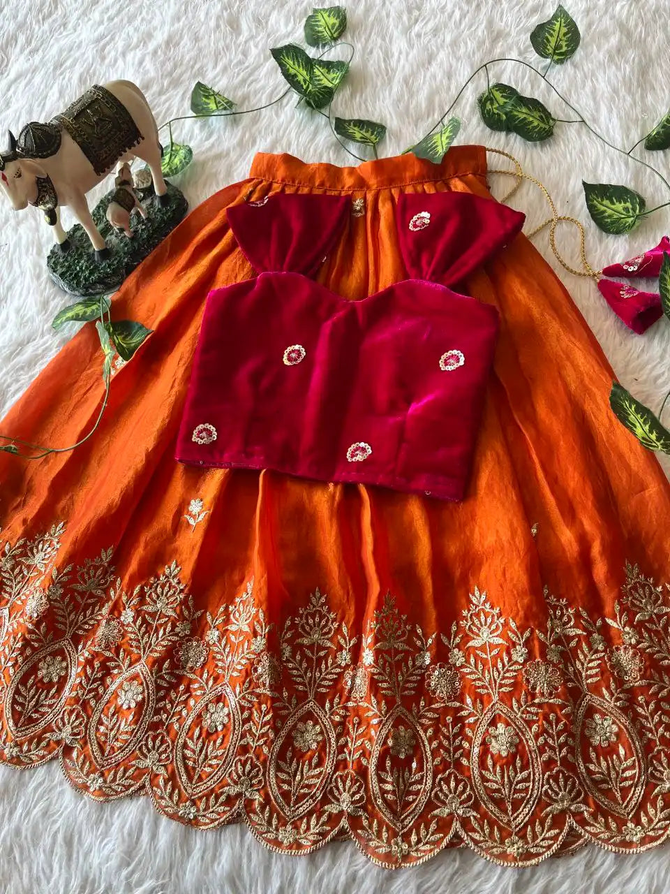 Royal Velvet Kids Lehenga Set - Red & Orange