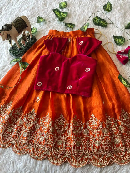 Royal Velvet Kids Lehenga Set - Red & Orange