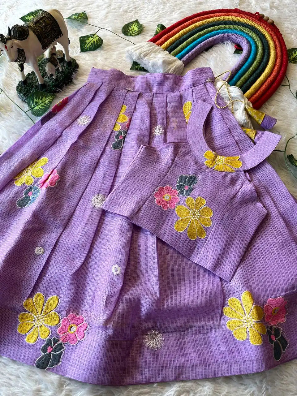 Kids Kota Chex Floral Lehenga Set - Lavender