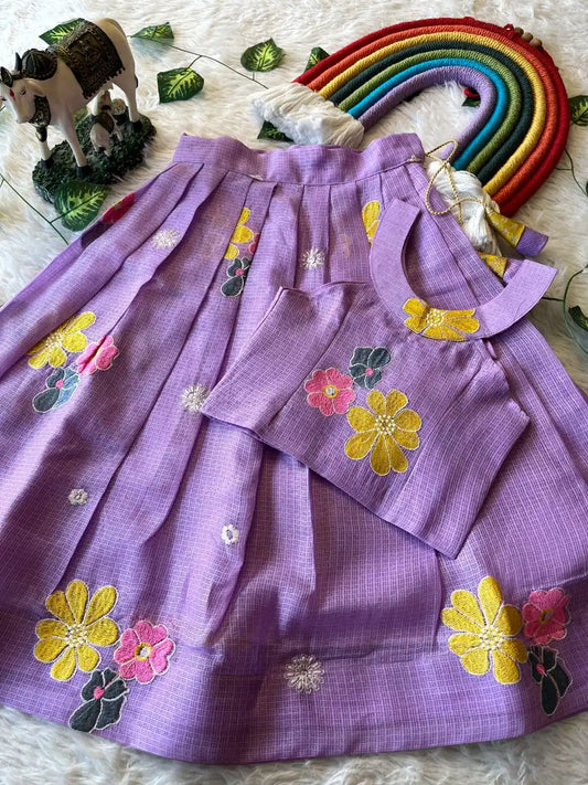 Kids Kota Chex Floral Lehenga Set - Lavender