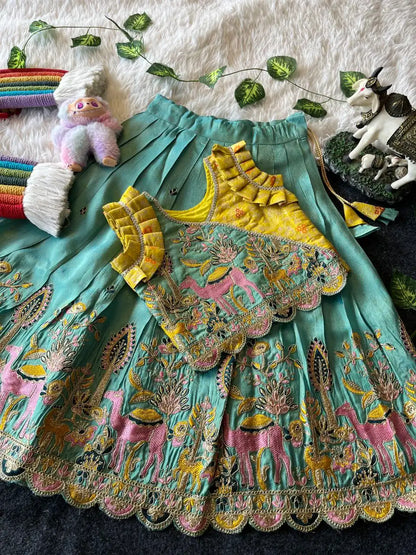 Kids Nature Designer Lehenga Set - Yellow & Sky